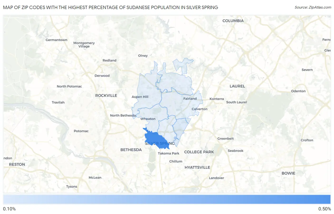 Zip Codes with the Highest Percentage of Sudanese Population in Silver Spring Map