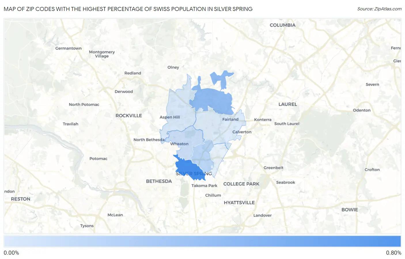 Zip Codes with the Highest Percentage of Swiss Population in Silver Spring Map
