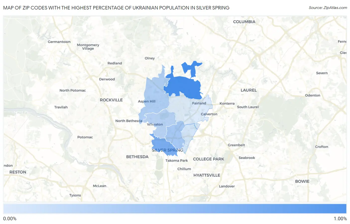 Zip Codes with the Highest Percentage of Ukrainian Population in Silver Spring Map