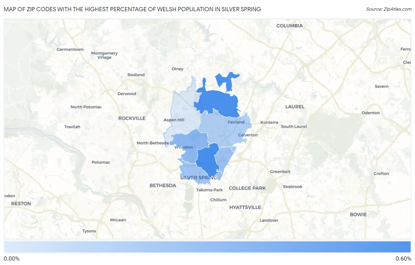 Zip Codes with the Highest Percentage of Welsh Population in Silver Spring Map