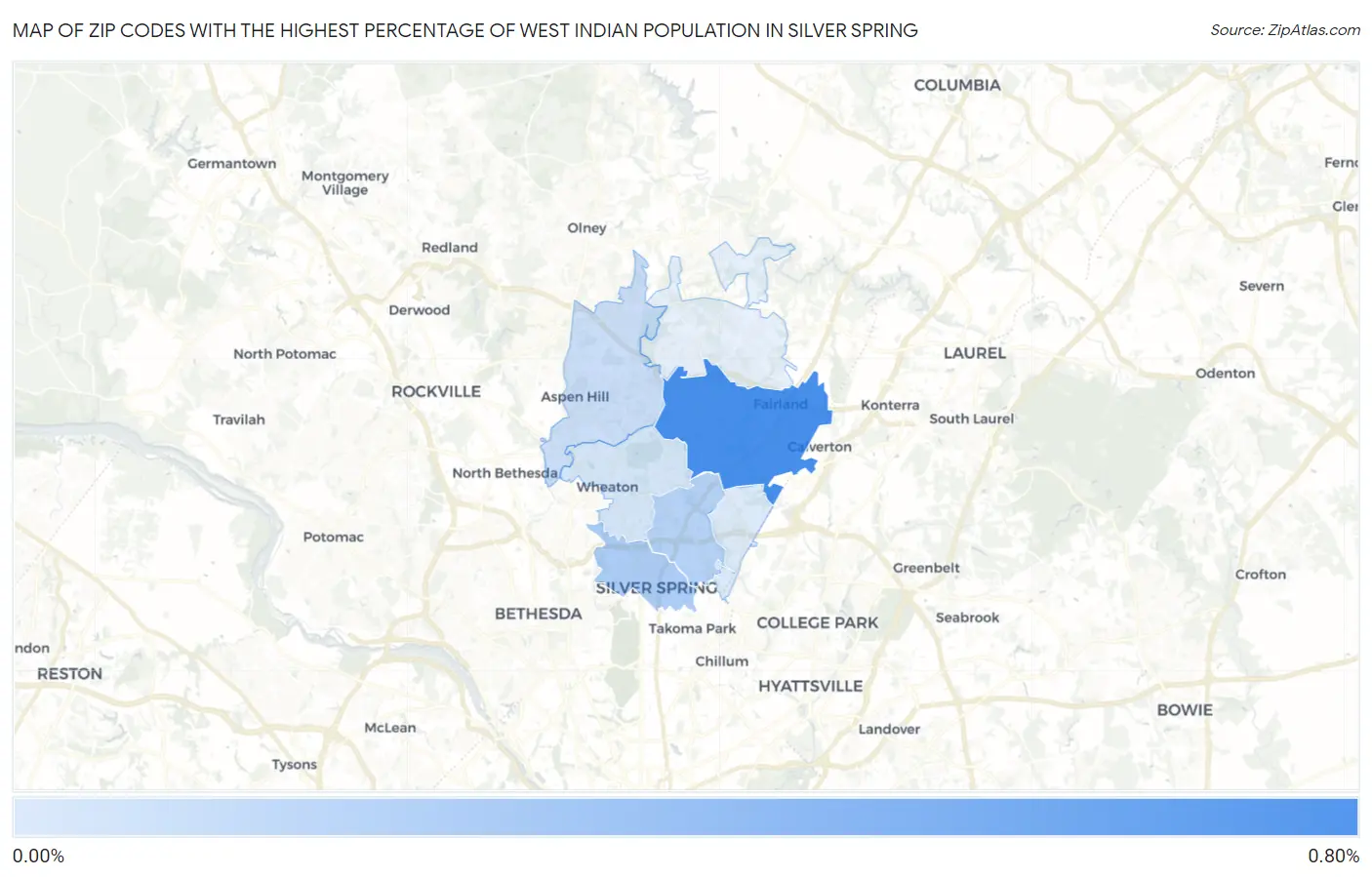 Zip Codes with the Highest Percentage of West Indian Population in Silver Spring Map