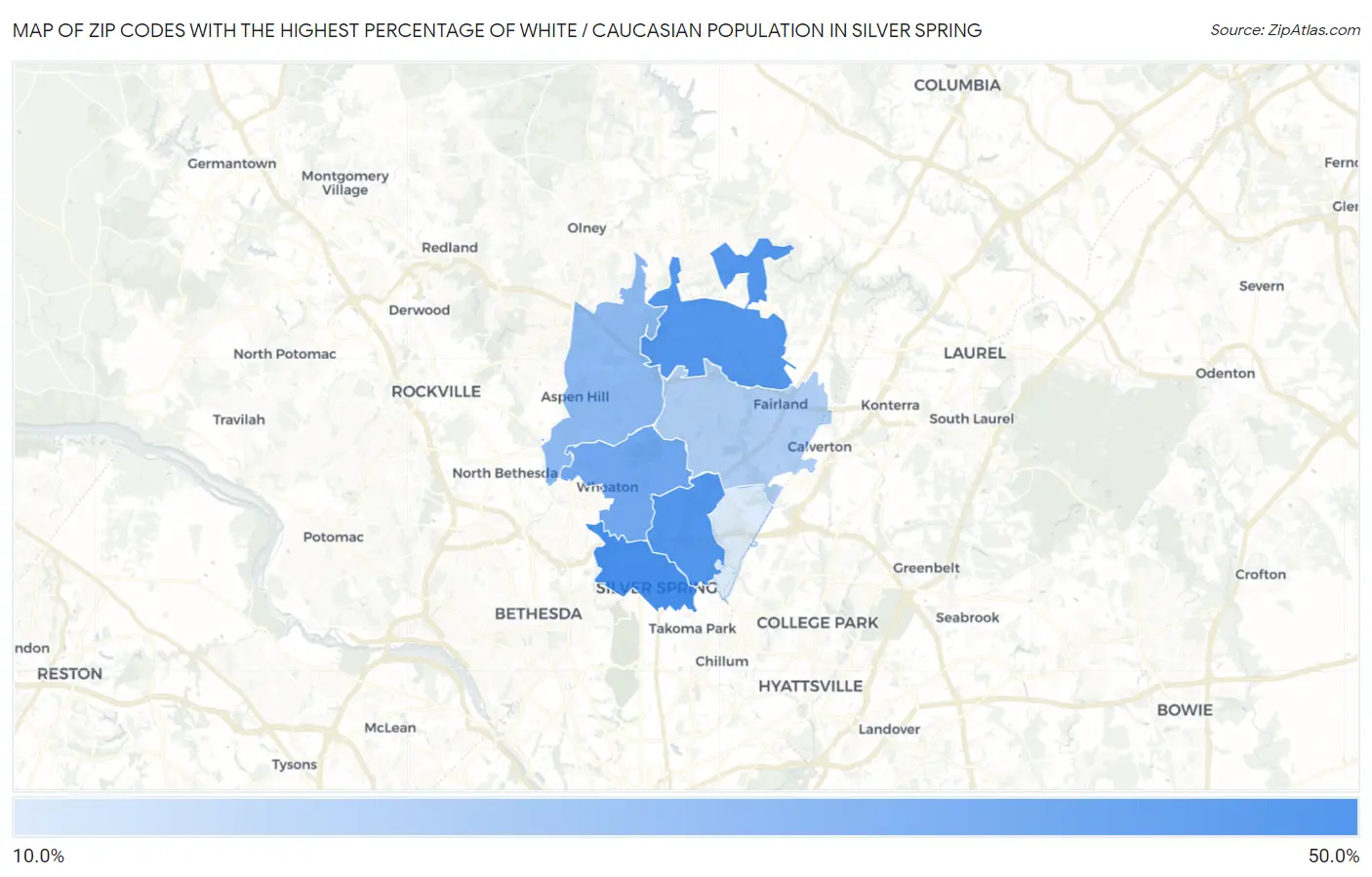Zip Codes with the Highest Percentage of White / Caucasian Population in Silver Spring Map