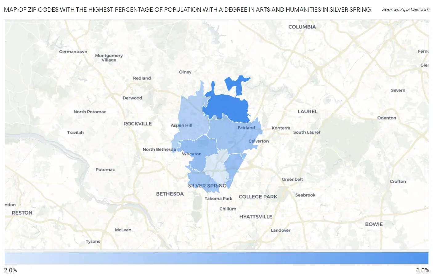Zip Codes with the Highest Percentage of Population with a Degree in Arts and Humanities in Silver Spring Map