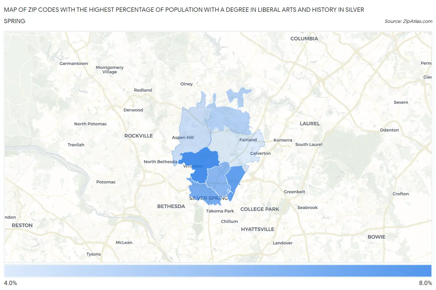 Zip Codes with the Highest Percentage of Population with a Degree in Liberal Arts and History in Silver Spring Map