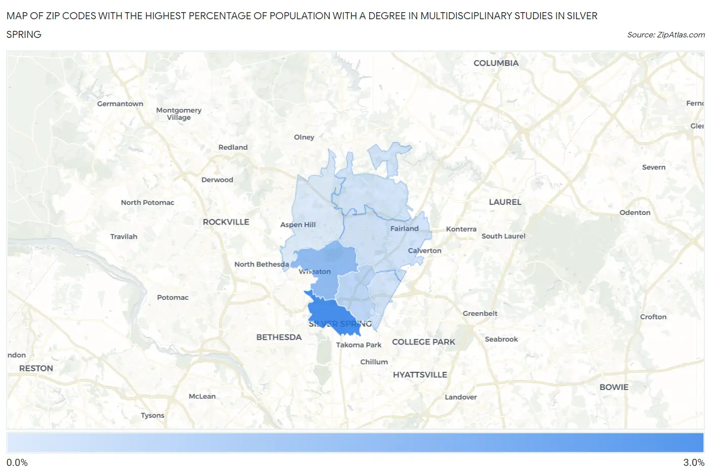 Zip Codes with the Highest Percentage of Population with a Degree in Multidisciplinary Studies in Silver Spring Map
