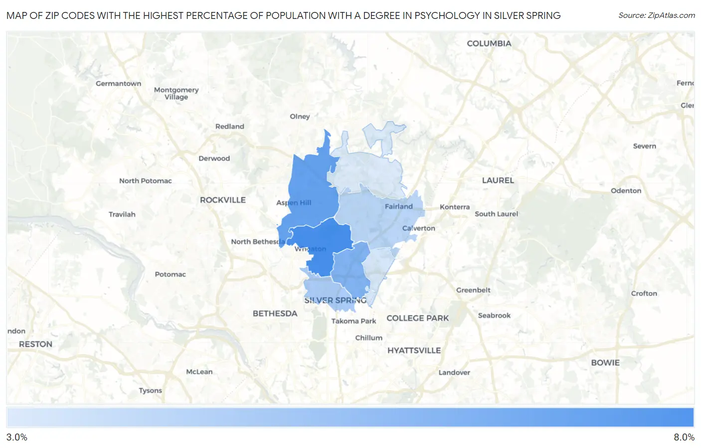 Zip Codes with the Highest Percentage of Population with a Degree in Psychology in Silver Spring Map
