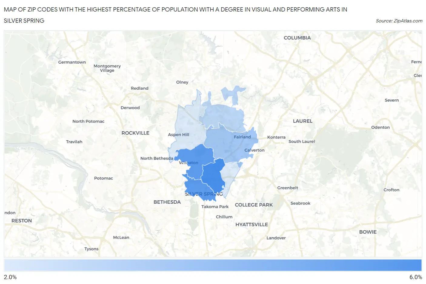 Zip Codes with the Highest Percentage of Population with a Degree in Visual and Performing Arts in Silver Spring Map