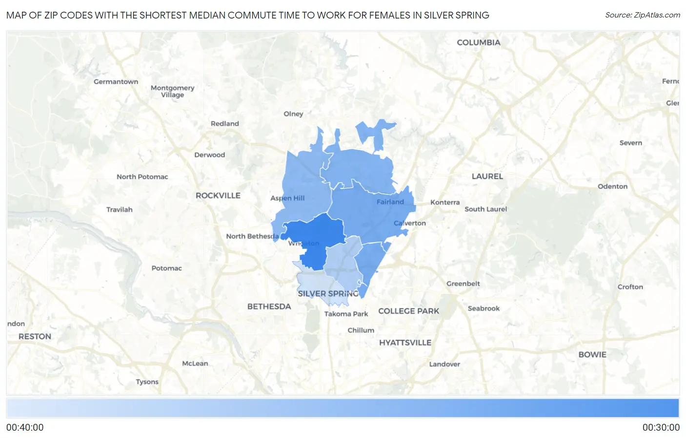 Zip Codes with the Shortest Median Commute Time to Work for Females in Silver Spring Map