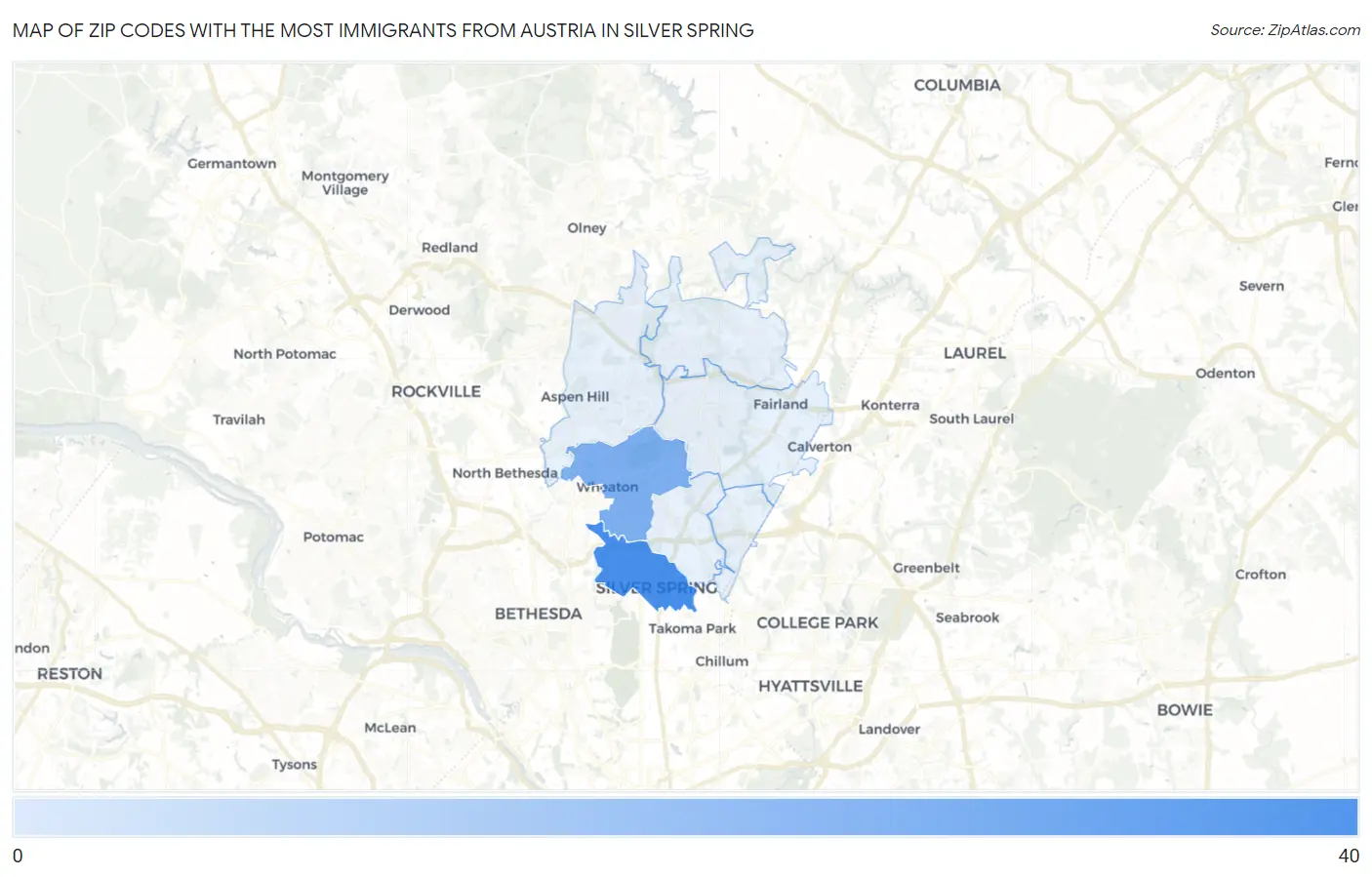 Zip Codes with the Most Immigrants from Austria in Silver Spring Map