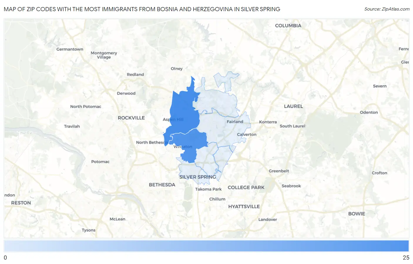 Zip Codes with the Most Immigrants from Bosnia and Herzegovina in Silver Spring Map
