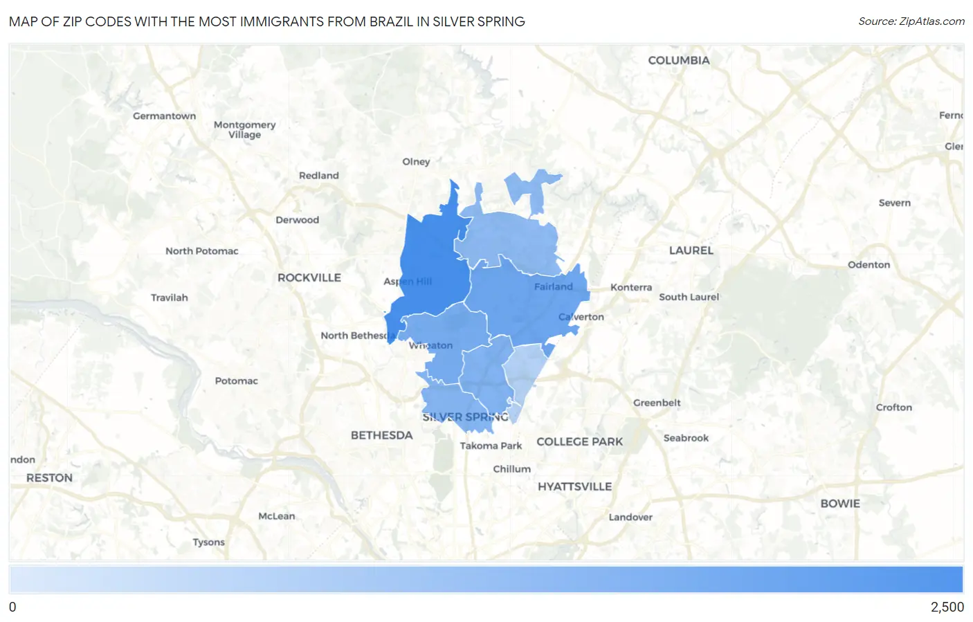 Zip Codes with the Most Immigrants from Brazil in Silver Spring Map
