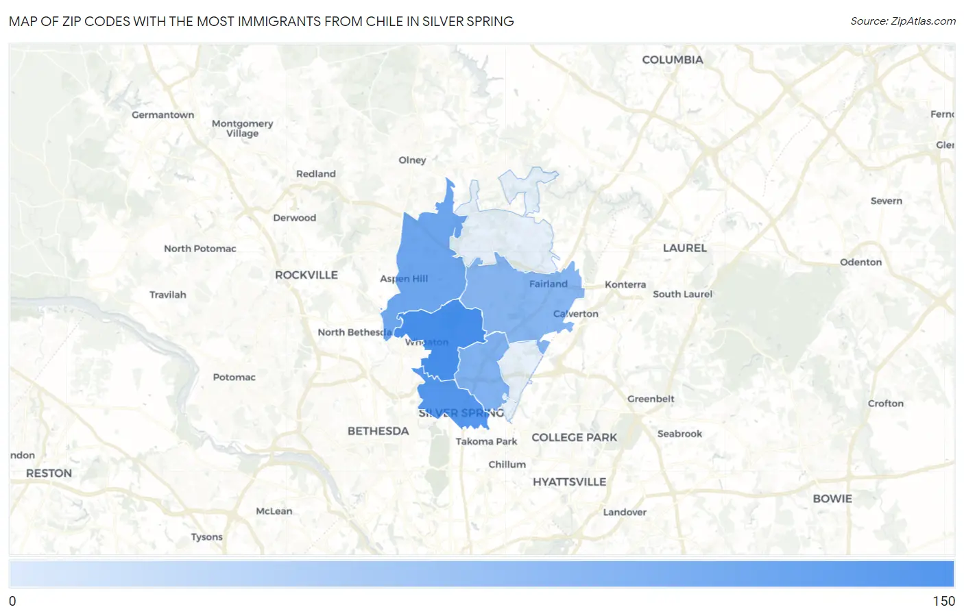 Zip Codes with the Most Immigrants from Chile in Silver Spring Map
