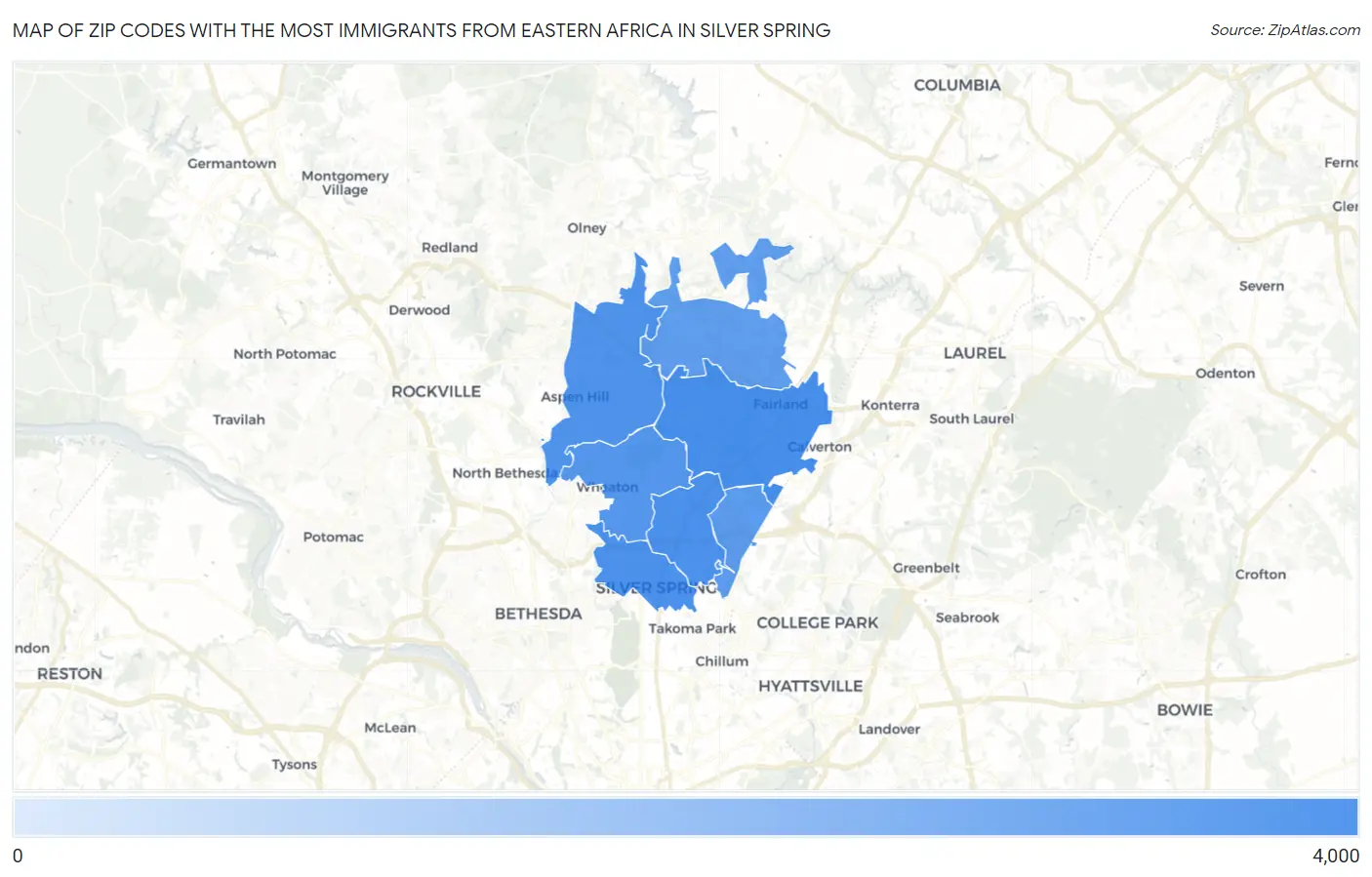 Zip Codes with the Most Immigrants from Eastern Africa in Silver Spring Map