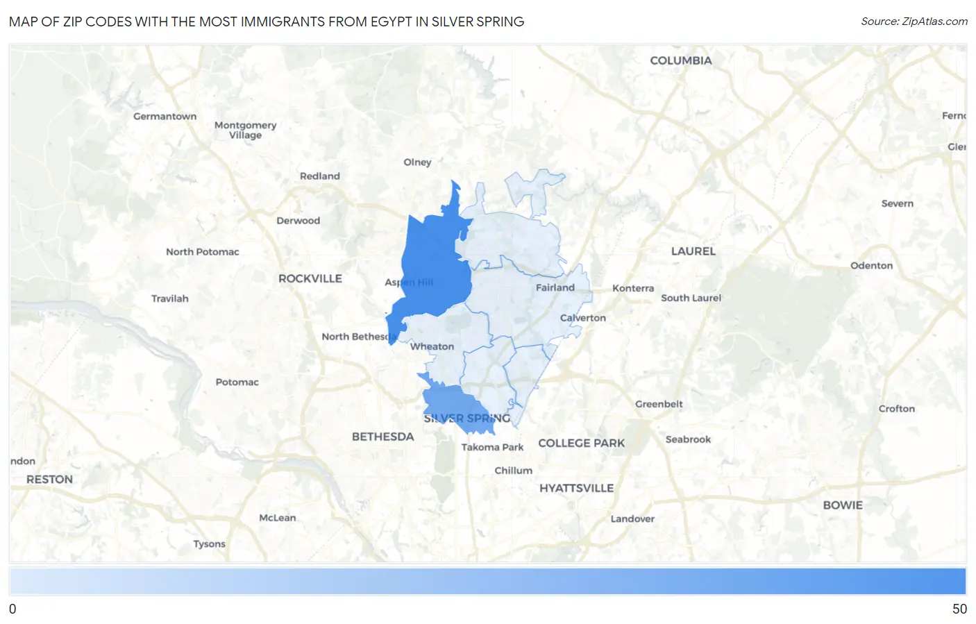 Zip Codes with the Most Immigrants from Egypt in Silver Spring Map