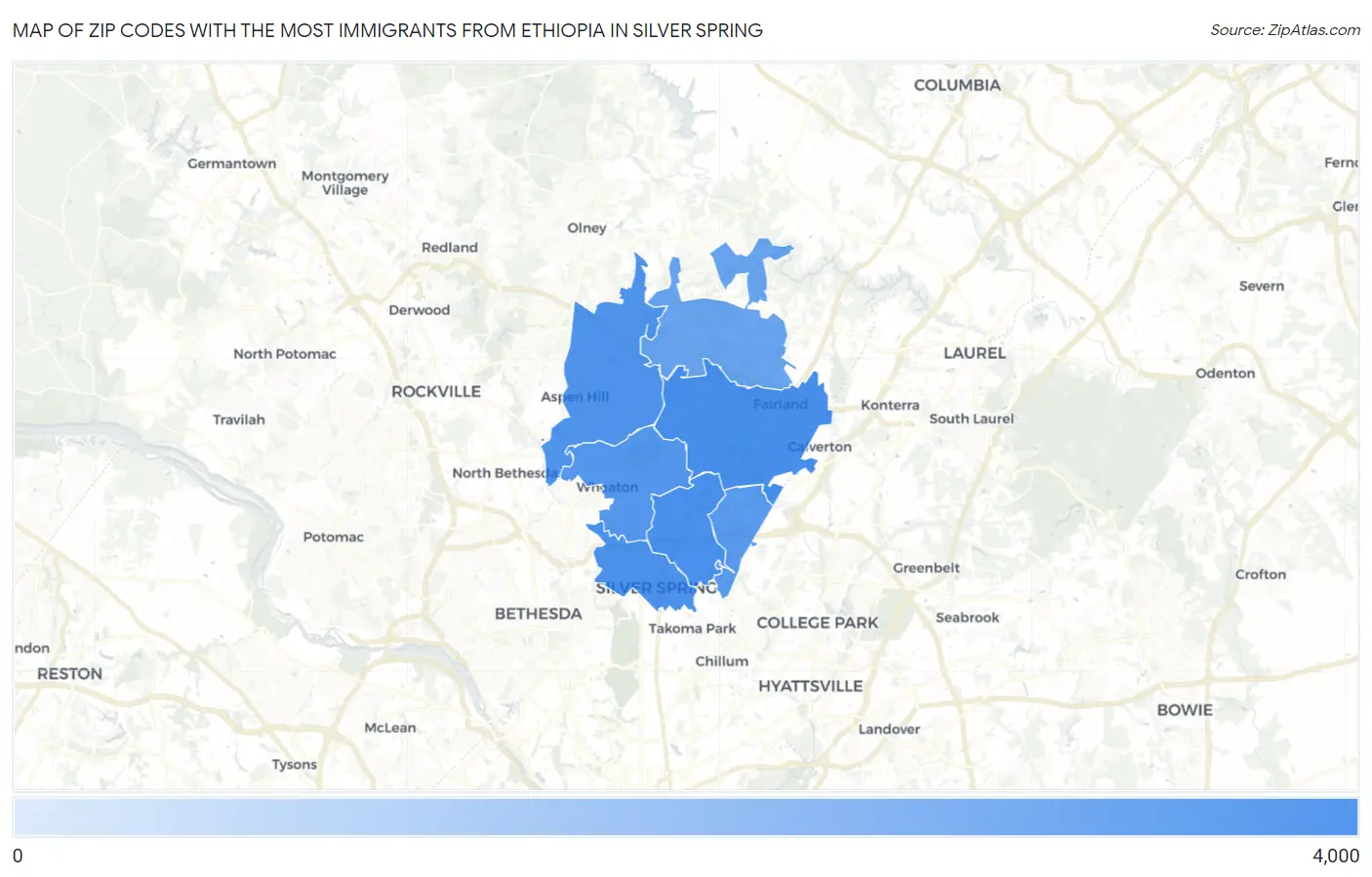 Zip Codes with the Most Immigrants from Ethiopia in Silver Spring Map