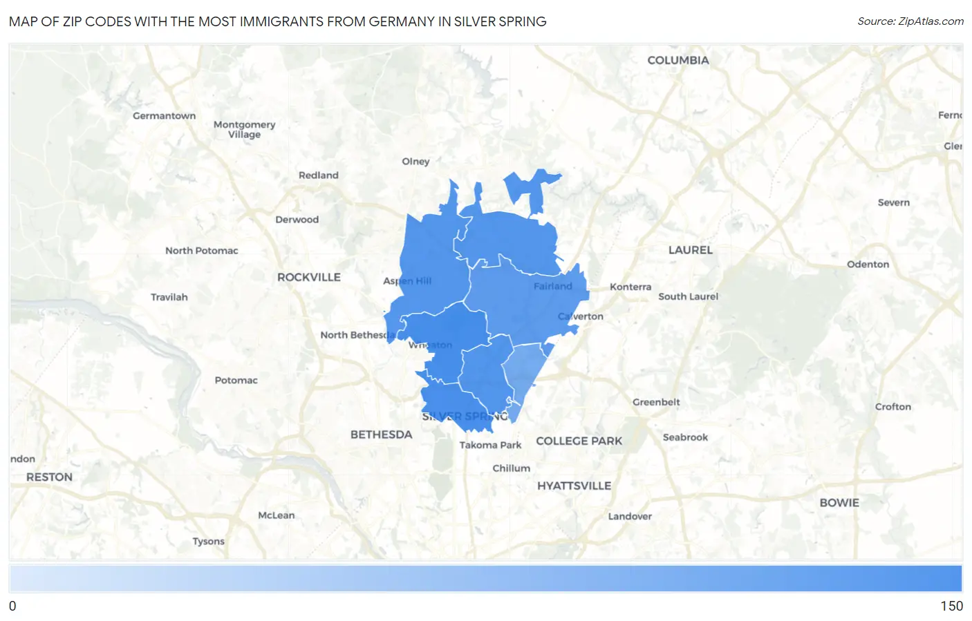 Zip Codes with the Most Immigrants from Germany in Silver Spring Map