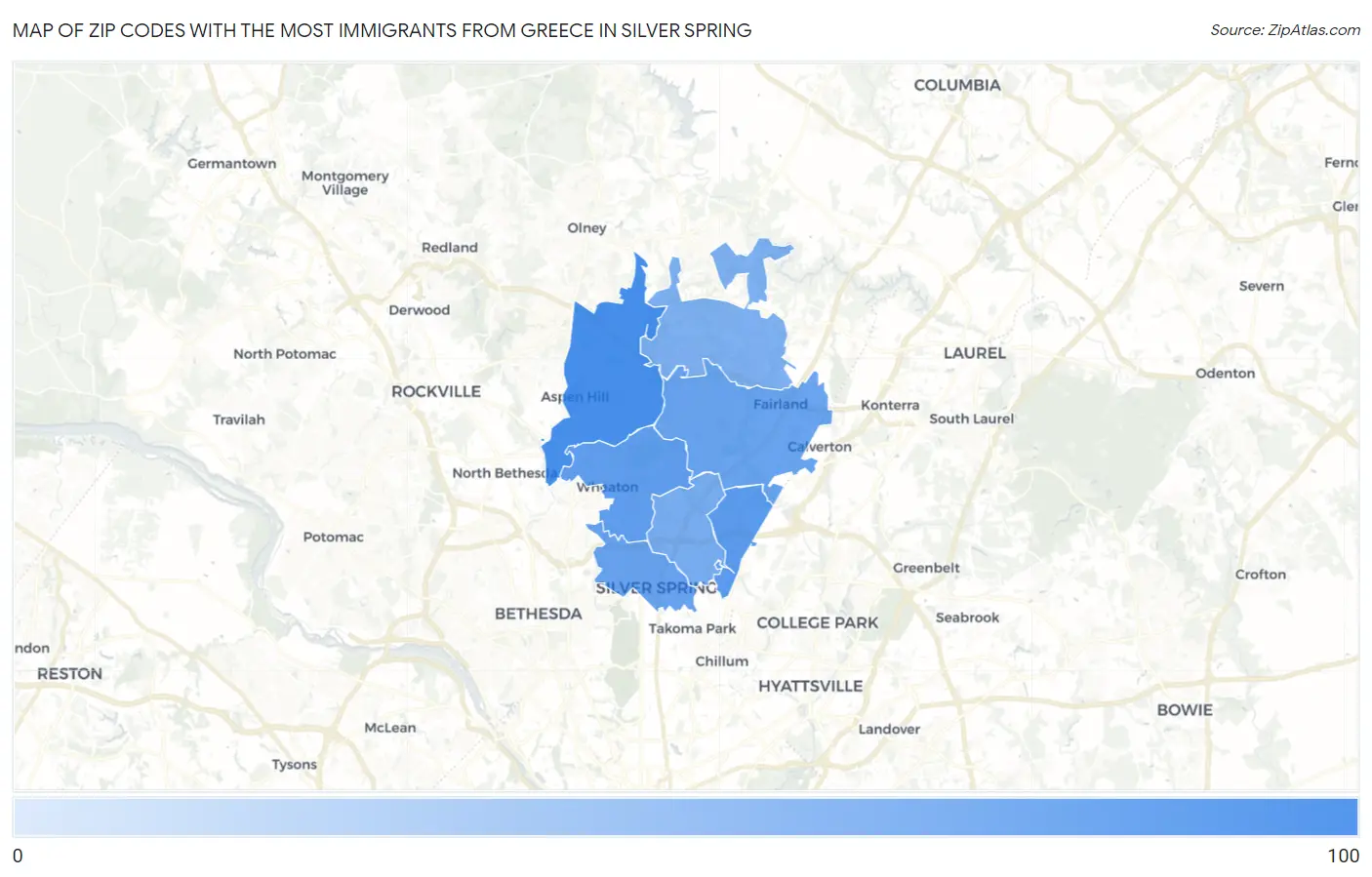 Zip Codes with the Most Immigrants from Greece in Silver Spring Map
