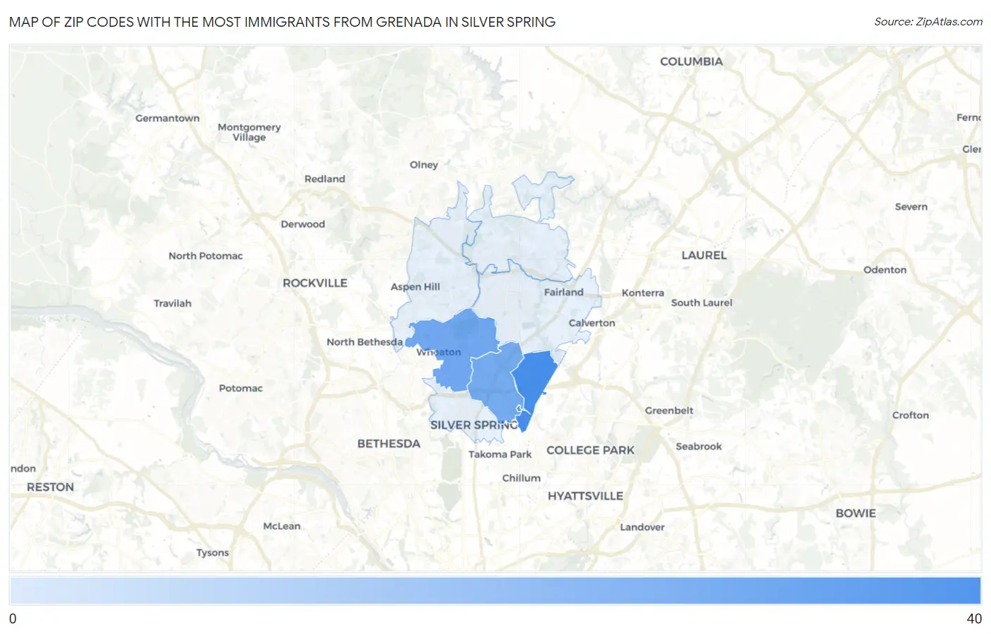 Zip Codes with the Most Immigrants from Grenada in Silver Spring Map