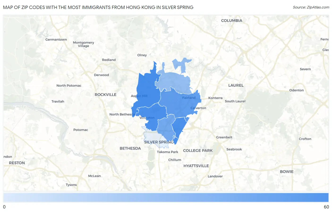 Zip Codes with the Most Immigrants from Hong Kong in Silver Spring Map