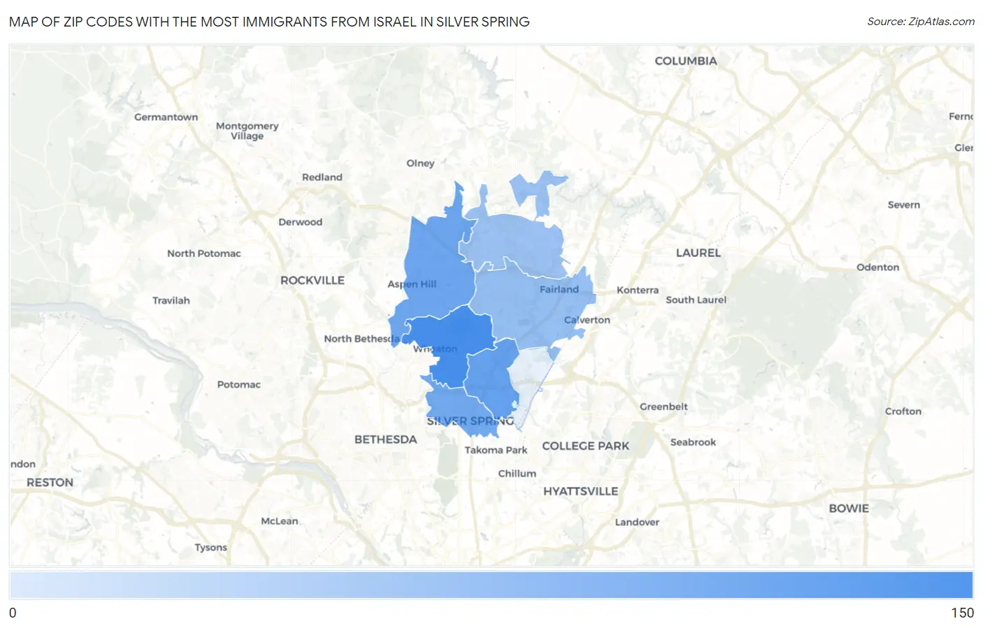 Zip Codes with the Most Immigrants from Israel in Silver Spring Map