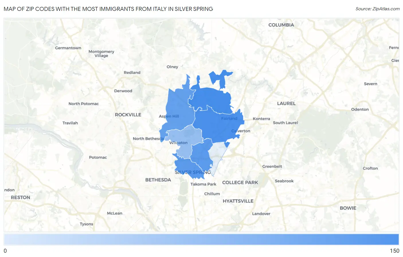 Zip Codes with the Most Immigrants from Italy in Silver Spring Map