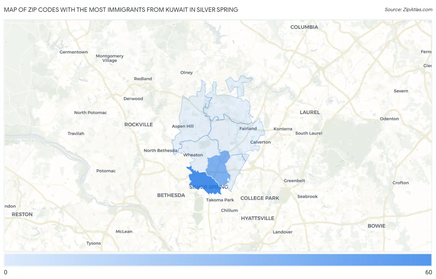 Zip Codes with the Most Immigrants from Kuwait in Silver Spring Map