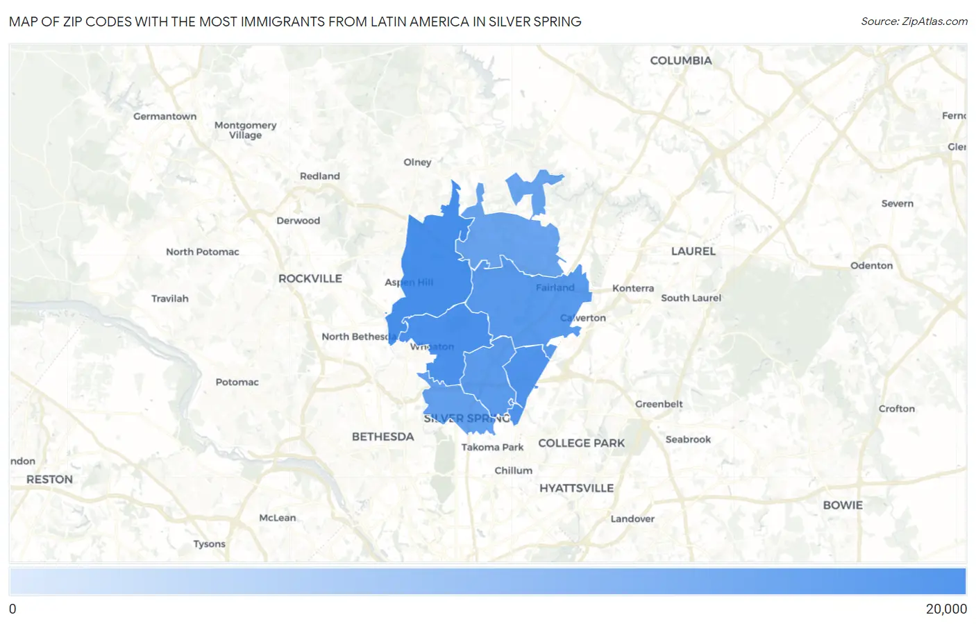 Zip Codes with the Most Immigrants from Latin America in Silver Spring Map