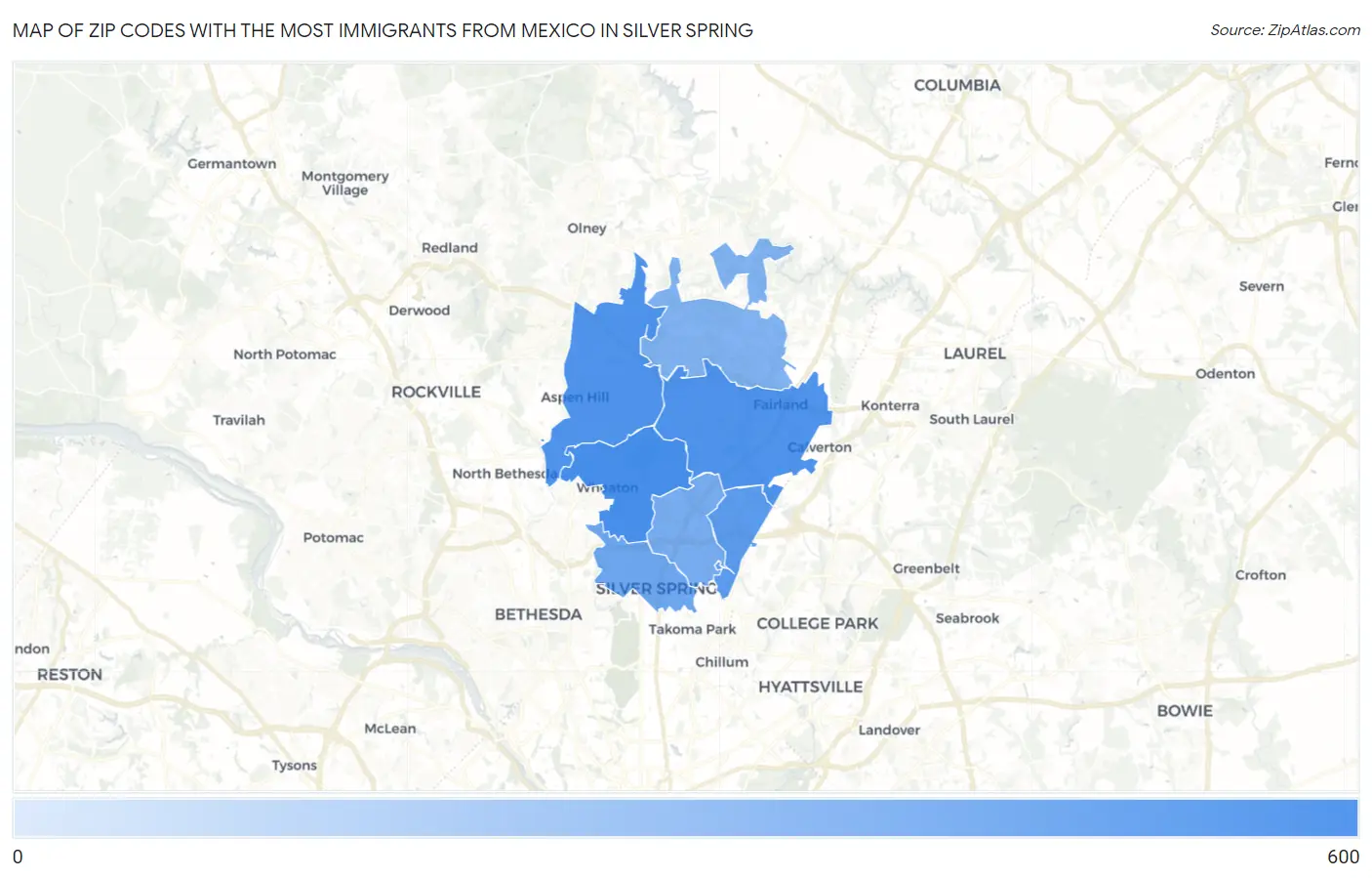 Zip Codes with the Most Immigrants from Mexico in Silver Spring Map