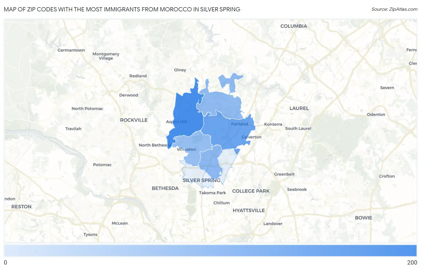 Zip Codes with the Most Immigrants from Morocco in Silver Spring Map