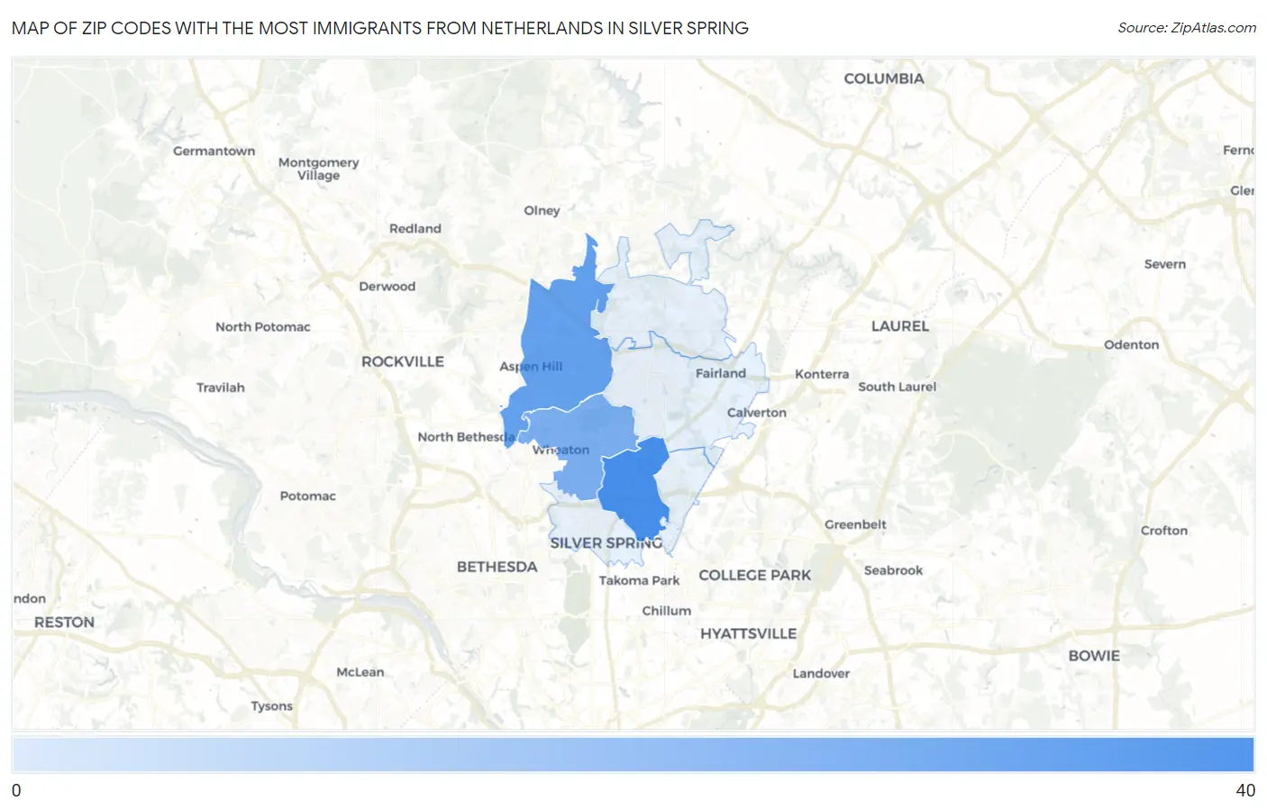 Zip Codes with the Most Immigrants from Netherlands in Silver Spring Map