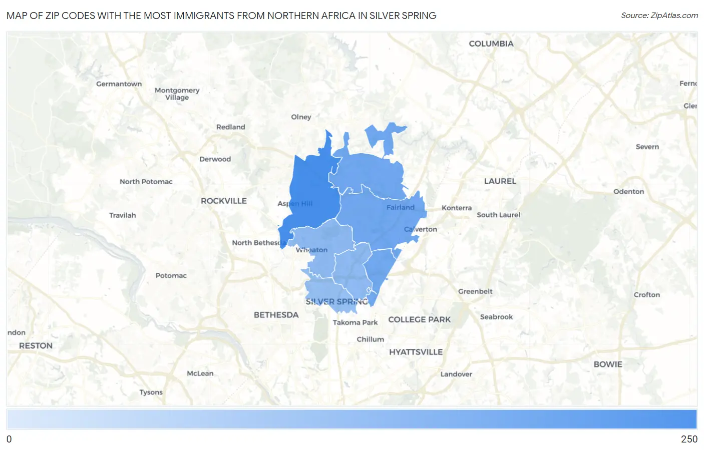 Zip Codes with the Most Immigrants from Northern Africa in Silver Spring Map