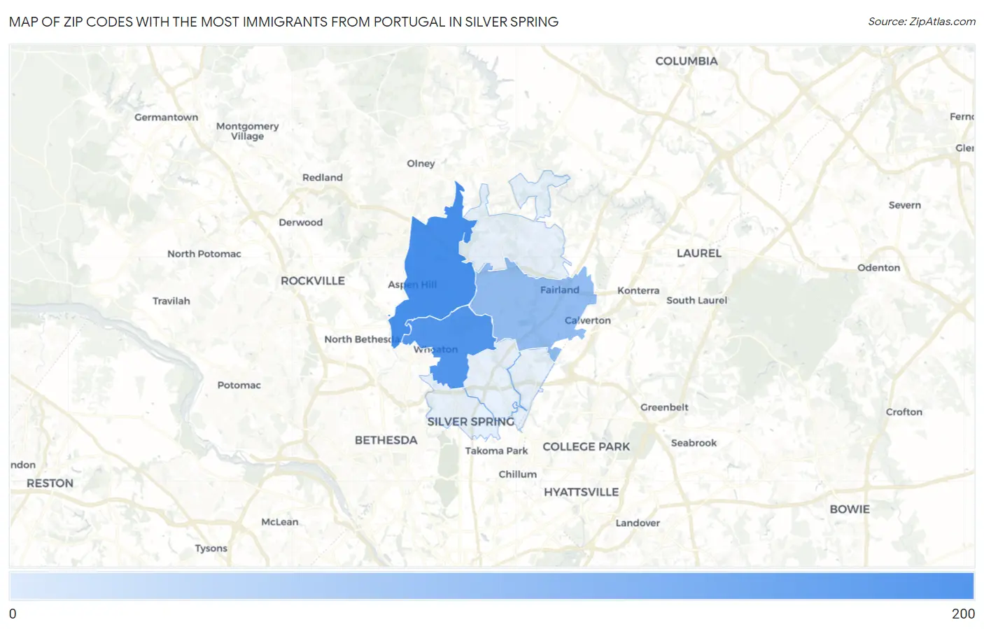 Zip Codes with the Most Immigrants from Portugal in Silver Spring Map