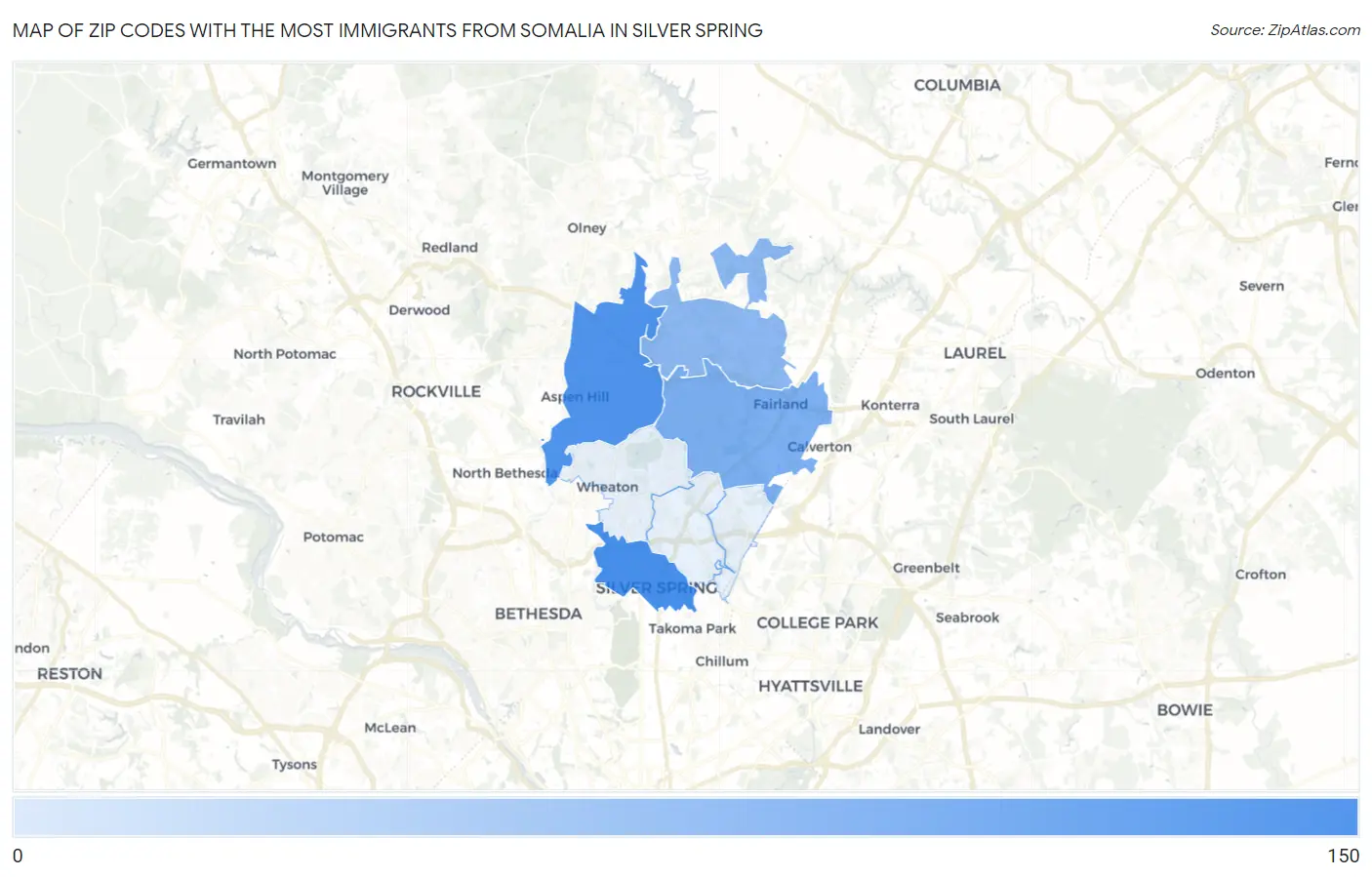 Zip Codes with the Most Immigrants from Somalia in Silver Spring Map