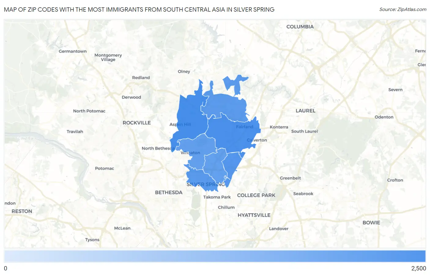 Zip Codes with the Most Immigrants from South Central Asia in Silver Spring Map