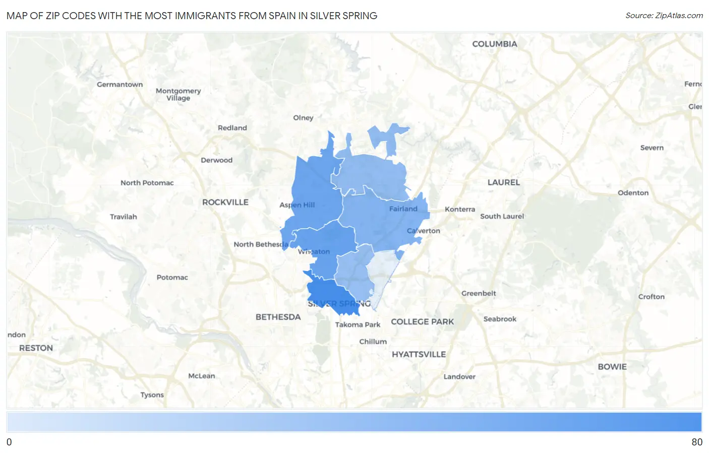 Zip Codes with the Most Immigrants from Spain in Silver Spring Map