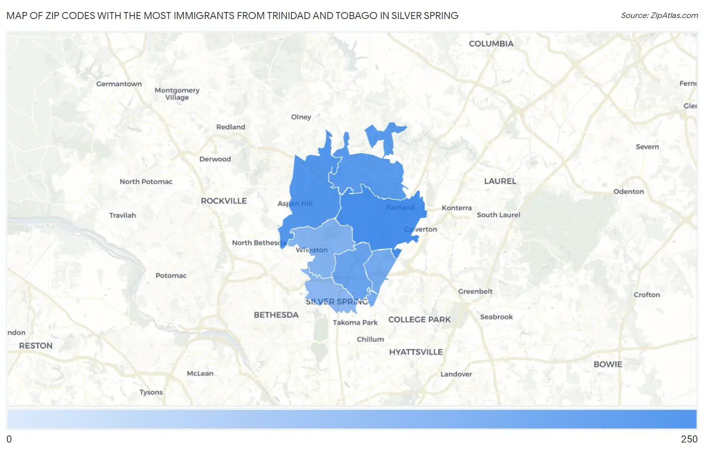 Zip Codes with the Most Immigrants from Trinidad and Tobago in Silver Spring Map