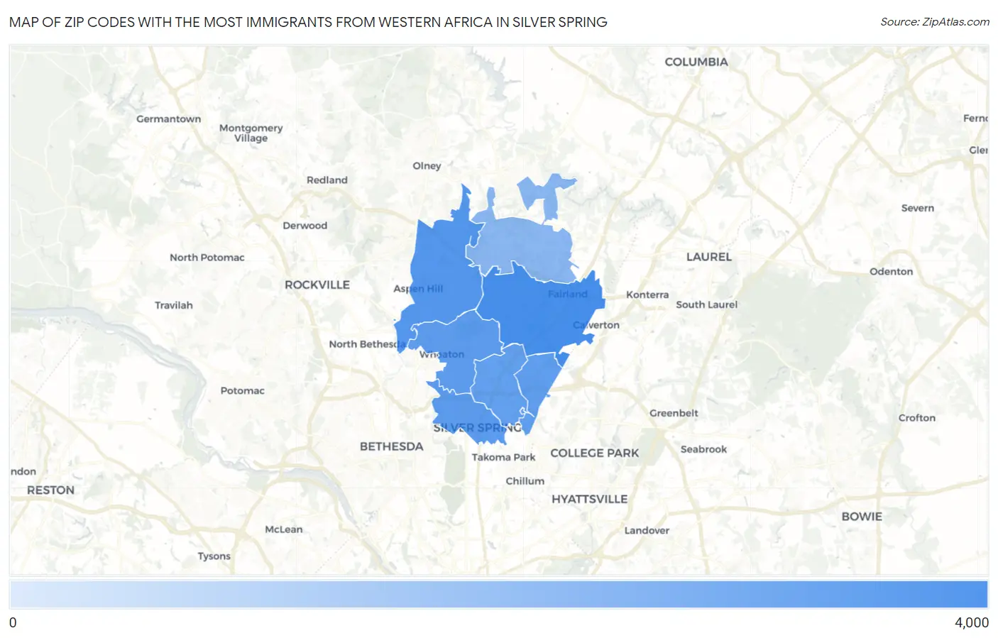 Zip Codes with the Most Immigrants from Western Africa in Silver Spring Map