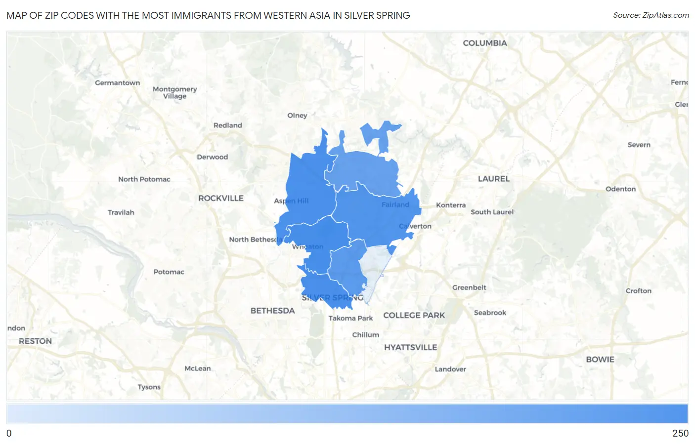Zip Codes with the Most Immigrants from Western Asia in Silver Spring Map