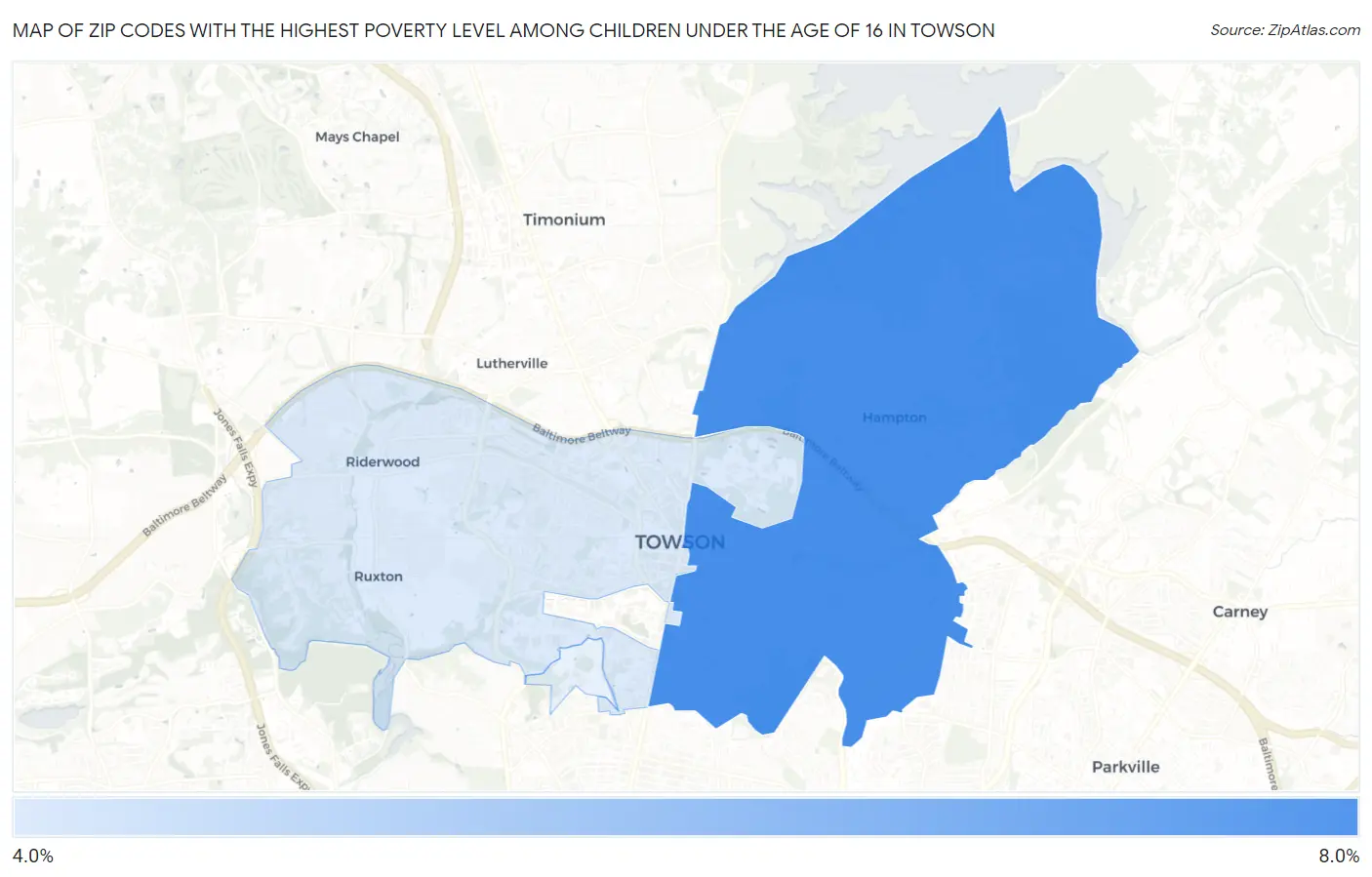 Zip Codes with the Highest Poverty Level Among Children Under the Age of 16 in Towson Map