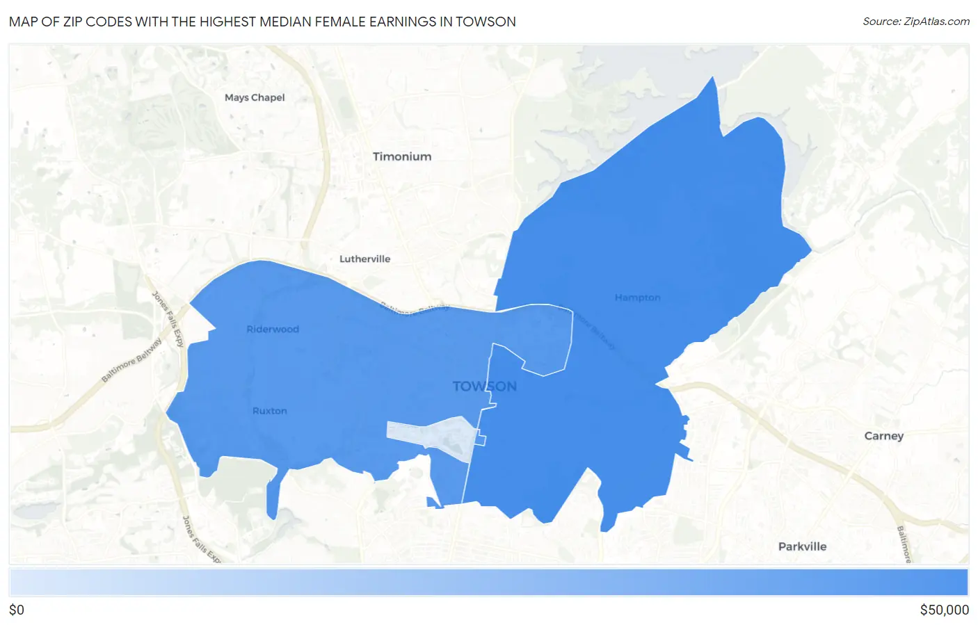 Zip Codes with the Highest Median Female Earnings in Towson Map