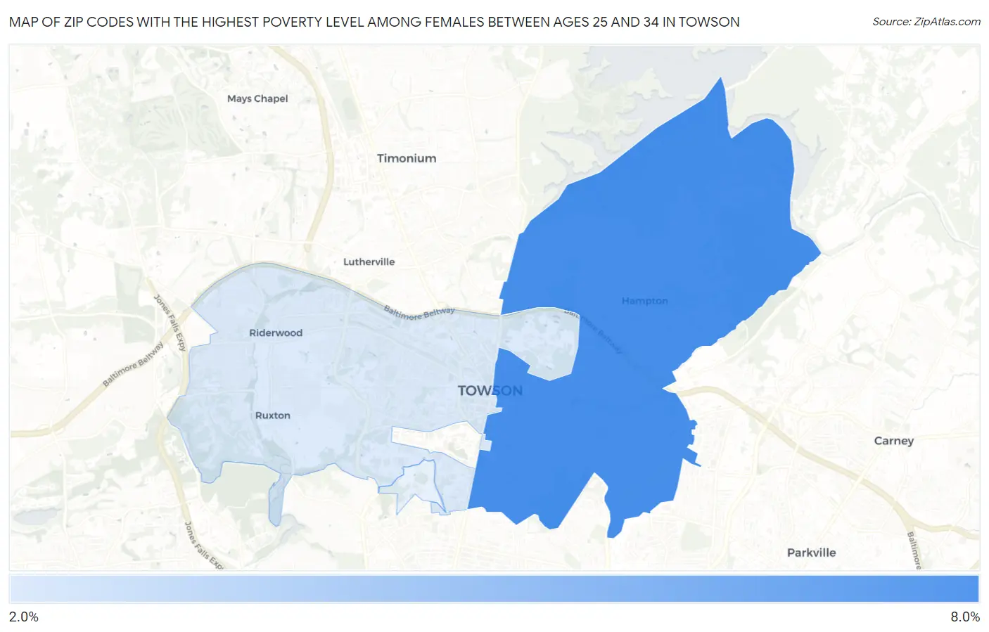 Zip Codes with the Highest Poverty Level Among Females Between Ages 25 and 34 in Towson Map