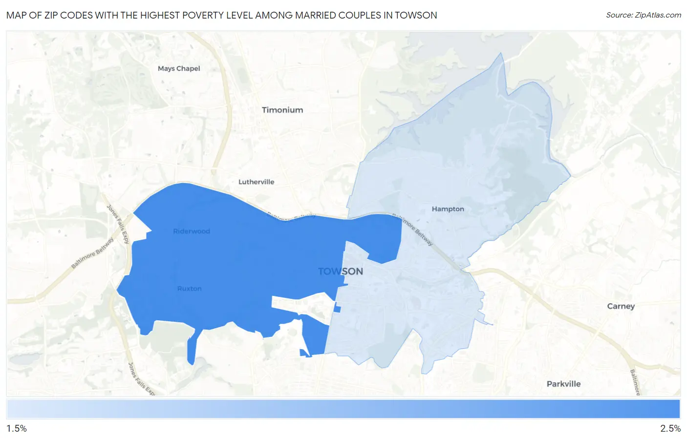 Zip Codes with the Highest Poverty Level Among Married Couples in Towson Map