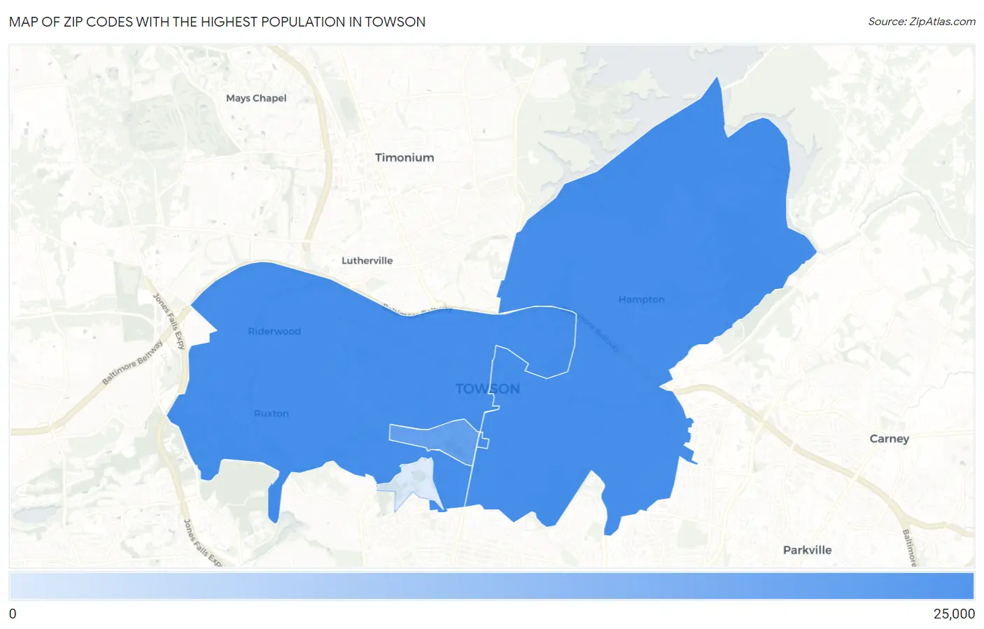 Zip Codes with the Highest Population in Towson Map