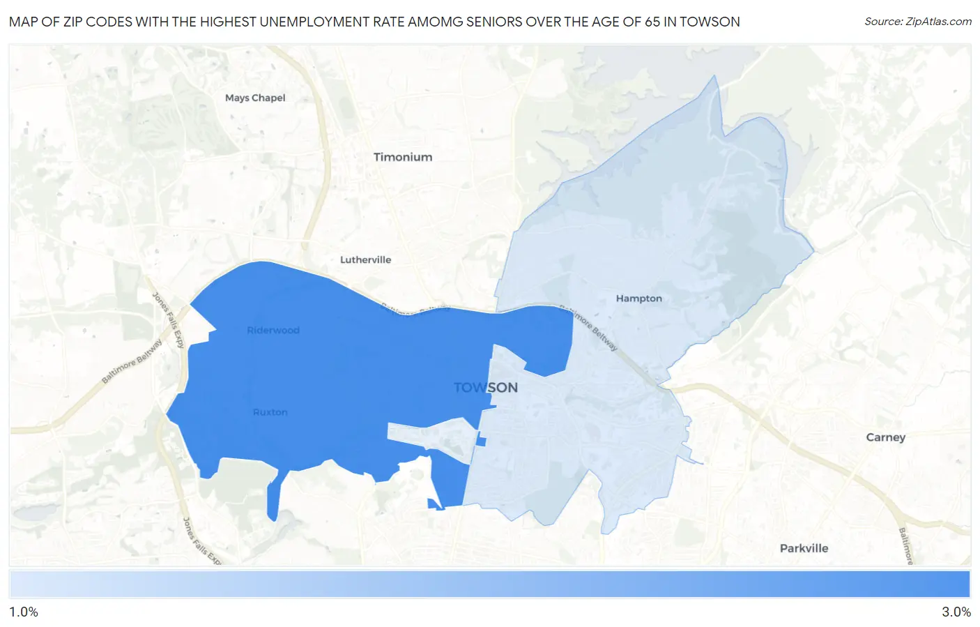 Zip Codes with the Highest Unemployment Rate Amomg Seniors Over the Age of 65 in Towson Map