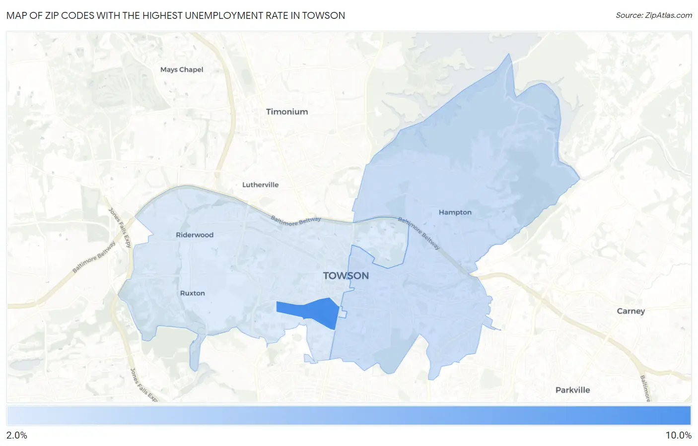 Zip Codes with the Highest Unemployment Rate in Towson Map
