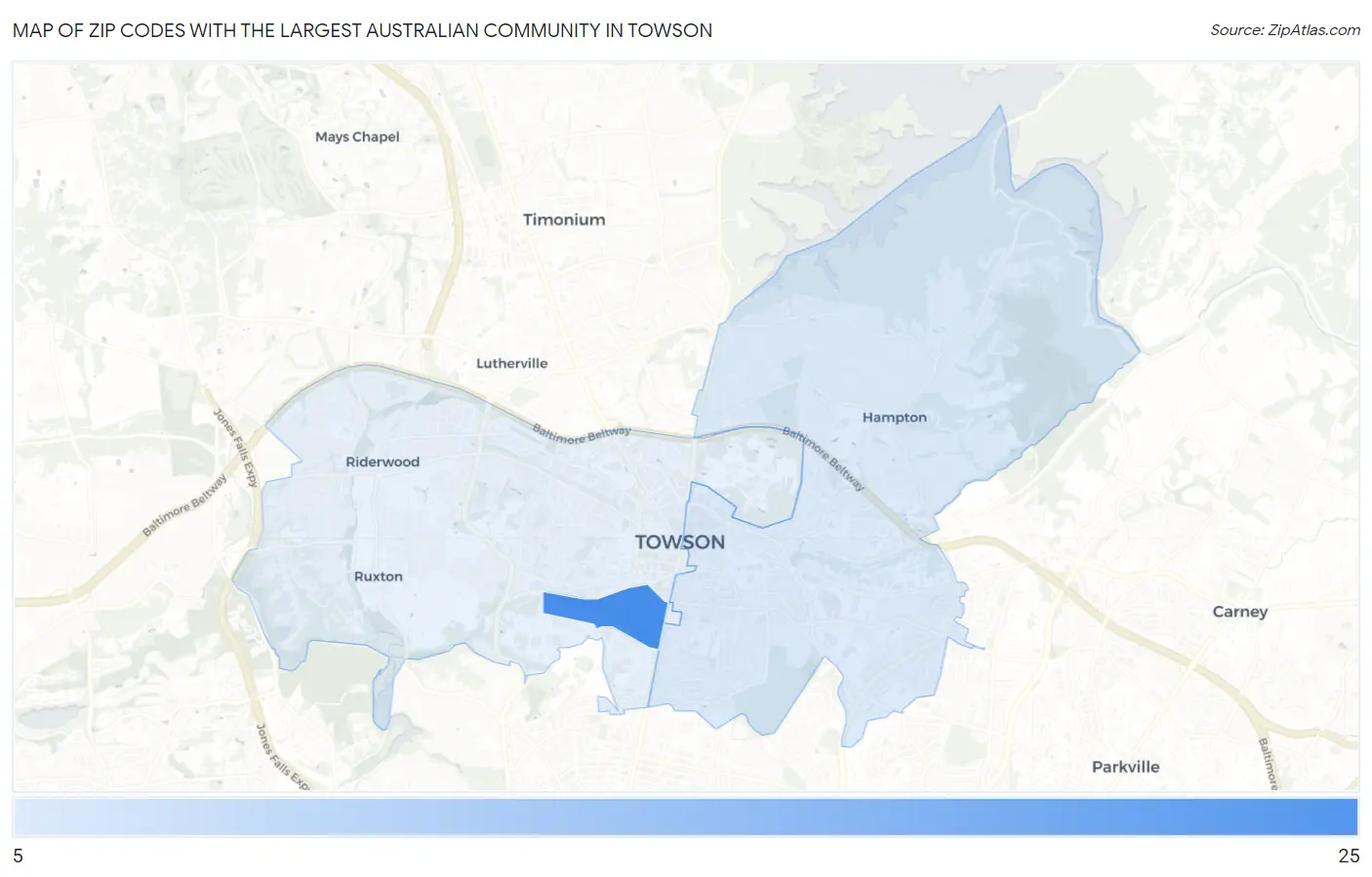 Zip Codes with the Largest Australian Community in Towson Map