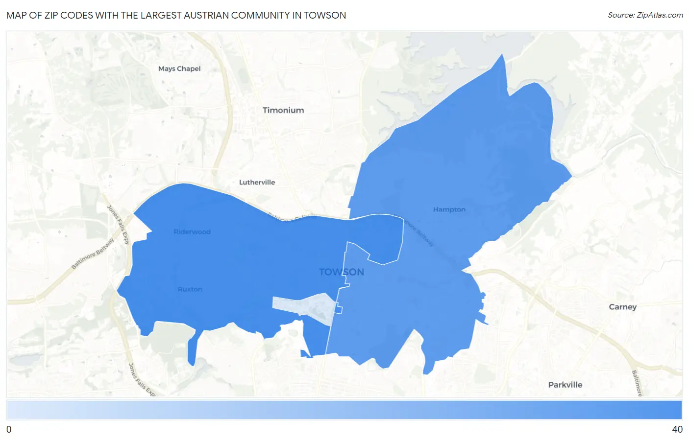 Zip Codes with the Largest Austrian Community in Towson Map