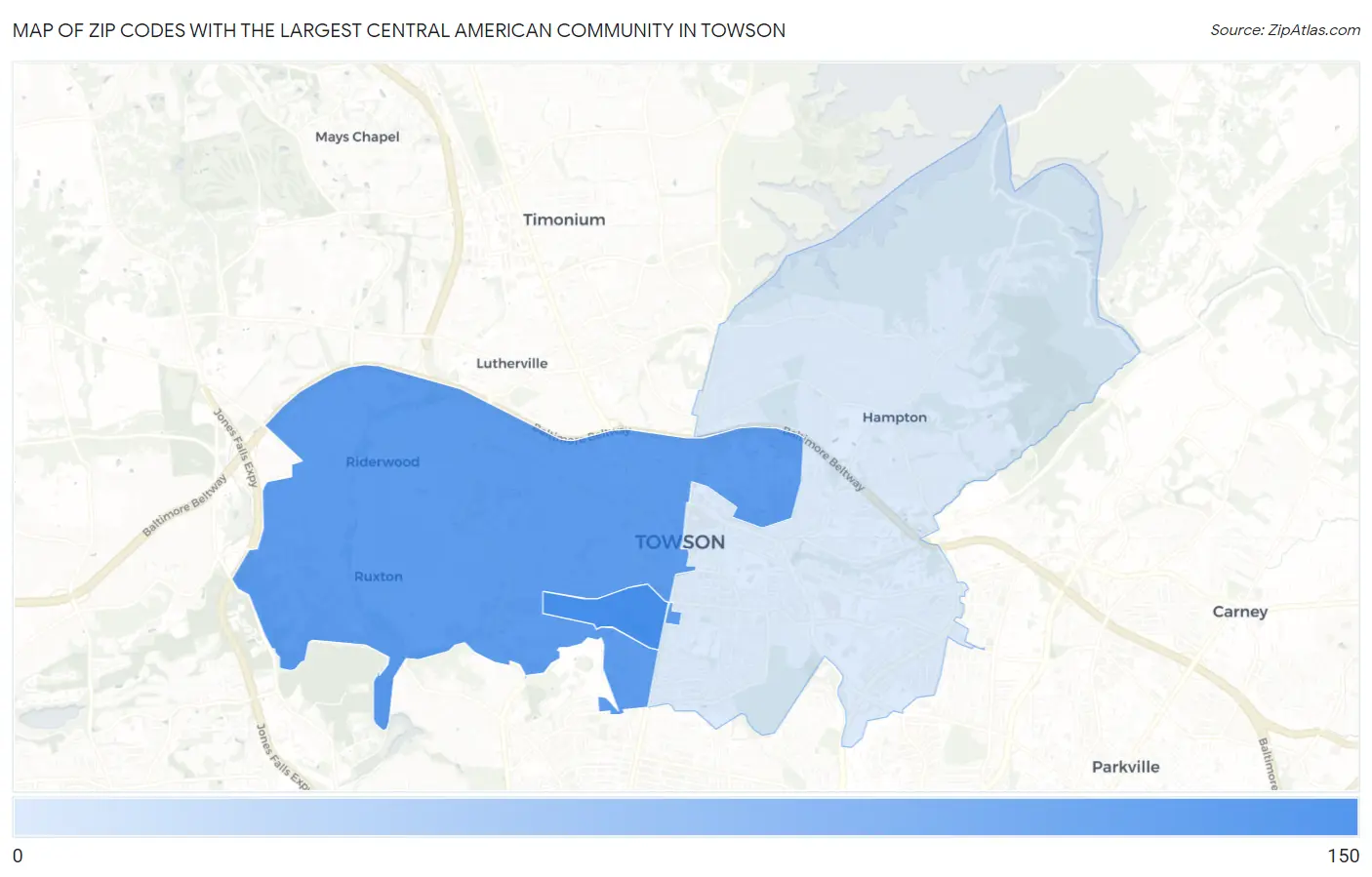 Zip Codes with the Largest Central American Community in Towson Map