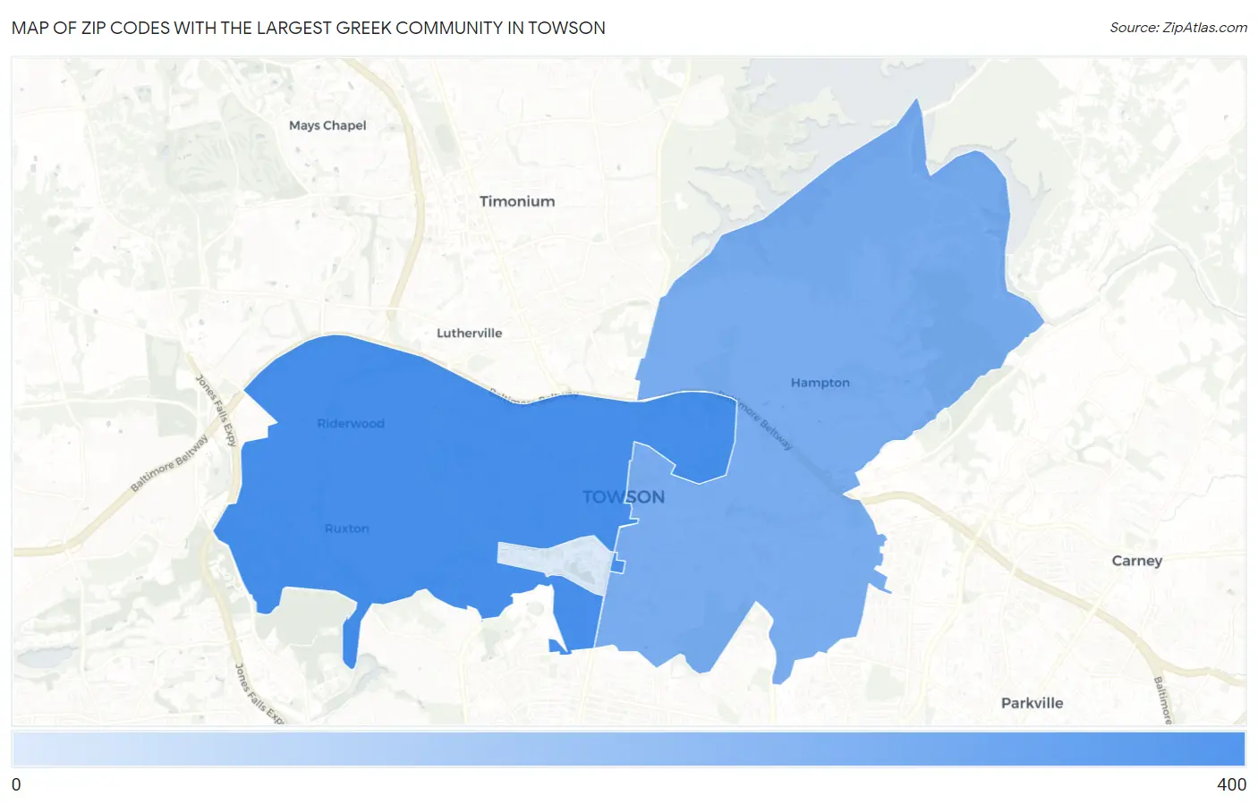 Zip Codes with the Largest Greek Community in Towson Map