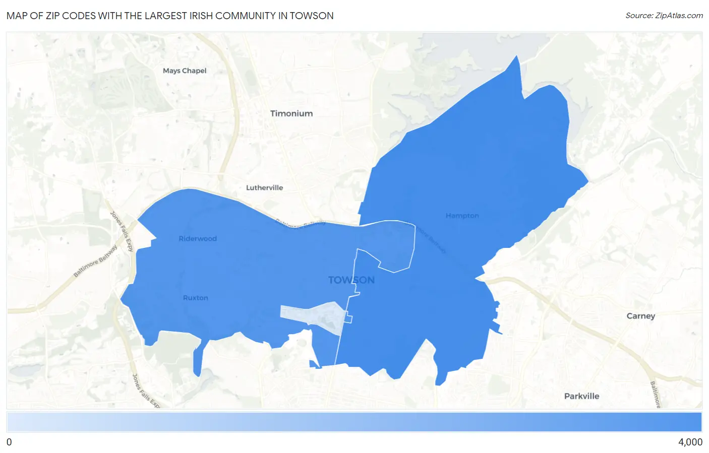 Zip Codes with the Largest Irish Community in Towson Map